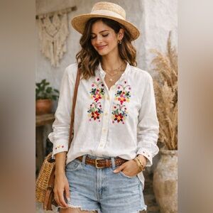 Embroidered White Button-Down Shirt - Boho Floral